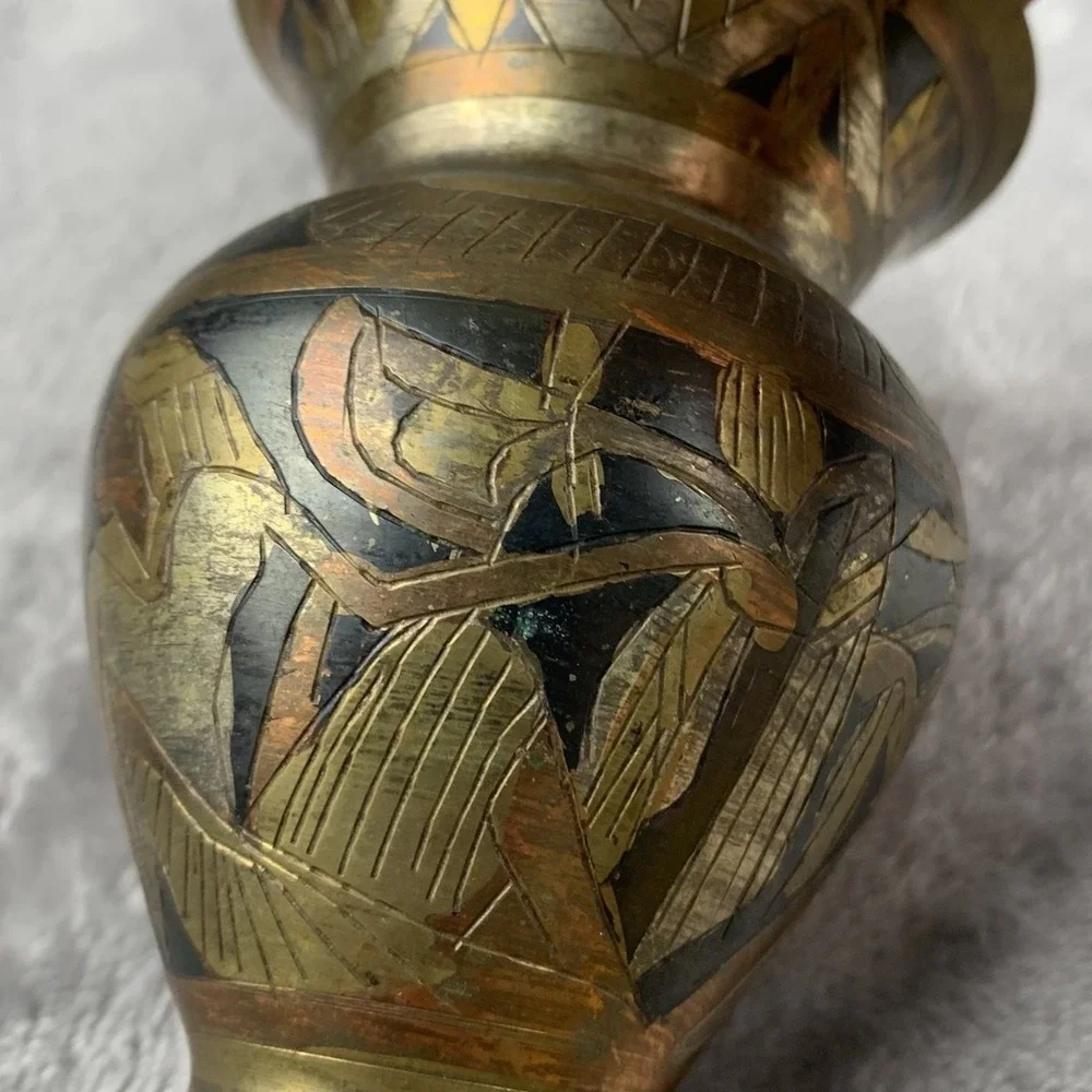 Vintage Mixed Metal Small Vase Egyptian‎ Style Copper Brass 4 Inches Tall Patina
